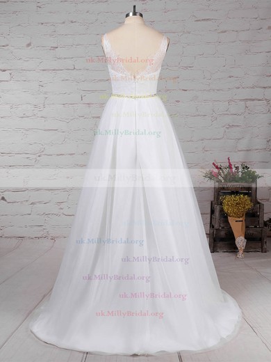 Lace Tulle Scoop Neck Princess Sweep Train Beading Wedding Dresses #UKM00023247