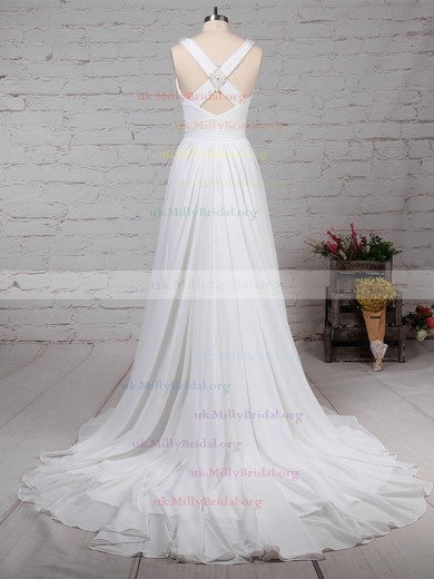 Chiffon V-neck A-line Sweep Train Beading Wedding Dresses #UKM00023289