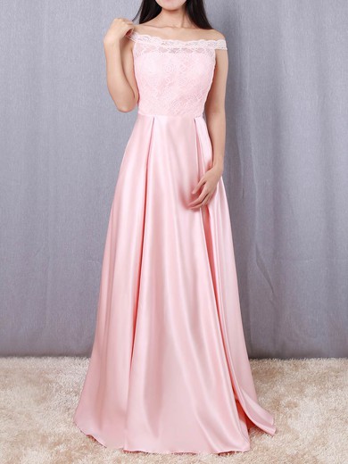 A-line Off-the-shoulder Lace Satin Floor-length Prom Dresses #UKM020105042