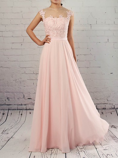 A-line Scoop Neck Chiffon Floor-length Appliques Lace Prom Dresses #UKM020105858