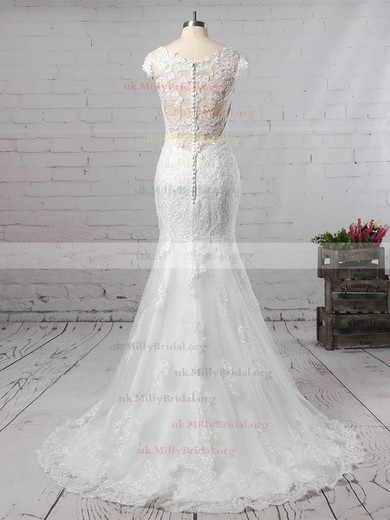 Trumpet/Mermaid V-neck Tulle Sweep Train Appliques Lace Wedding Dresses #UKM00023187