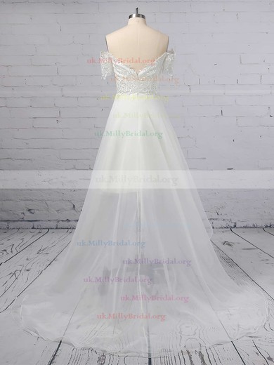 A-line Off-the-shoulder Organza Asymmetrical Appliques Lace Wedding Dresses #UKM00023363