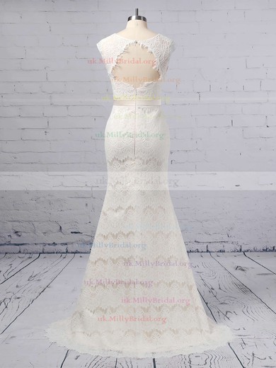 Trumpet/Mermaid Scoop Neck Lace Floor-length Sashes / Ribbons Wedding Dresses #UKM00023364