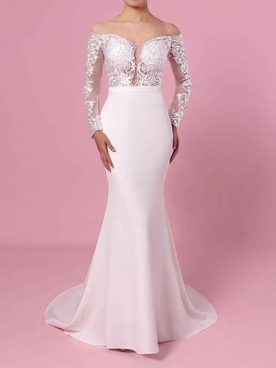 Trumpet/Mermaid Off-the-shoulder Tulle Satin Chiffon Sweep Train Appliques Lace Wedding Dresses #UKM00023368