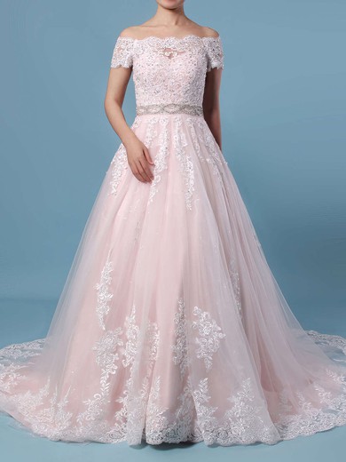 Ball Gown Off-the-shoulder Tulle Sweep Train Beading Wedding Dresses #UKM00023369
