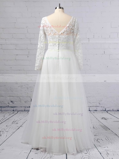 A-line V-neck Lace Tulle Floor-length Wedding Dresses #UKM00023370