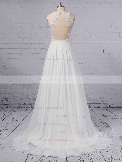A-line Scoop Neck Lace Chiffon Floor-length Sashes / Ribbons Wedding Dresses #UKM00023372