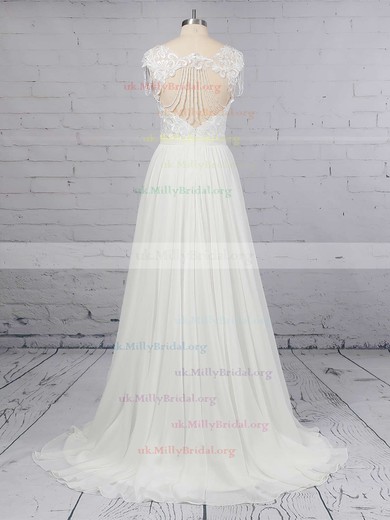 A-line V-neck Chiffon Tulle Sweep Train Beading Wedding Dresses #UKM00023374