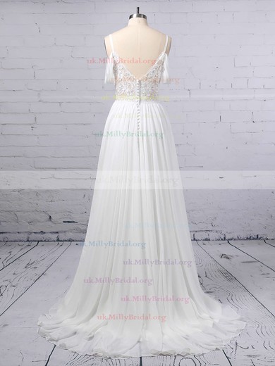 A-line V-neck Chiffon Sweep Train Lace Wedding Dresses #UKM00023377