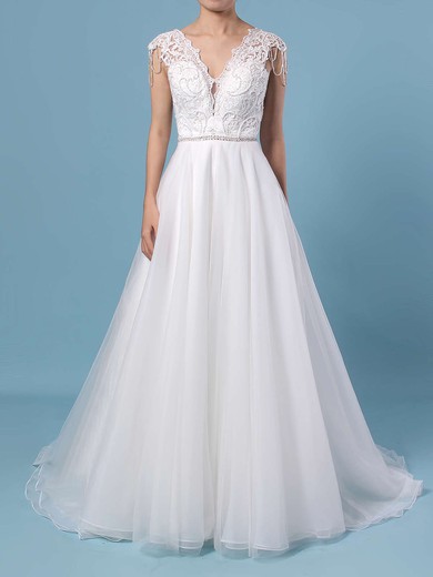 Princess V-neck Tulle Sweep Train Appliques Lace Wedding Dresses #UKM00023380