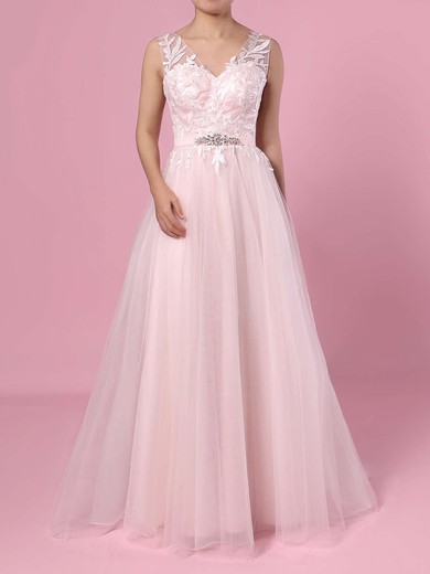 Princess V-neck Tulle Sweep Train Appliques Lace Wedding Dresses #UKM00023381