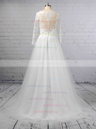 Princess Scoop Neck Tulle Sweep Train Appliques Lace Wedding Dresses #UKM00023389