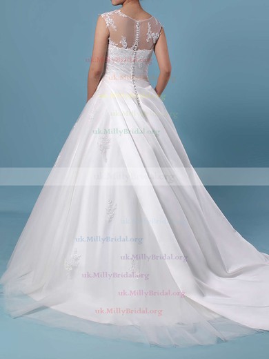 Ball Gown Scoop Neck Tulle Sweep Train Appliques Lace Wedding Dresses #UKM00023390