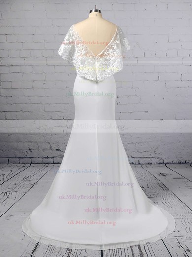 Trumpet/Mermaid Scoop Neck Lace Chiffon Sweep Train Appliques Lace Wedding Dresses #UKM00023391