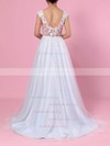 A-line V-neck Tulle Sweep Train Appliques Lace Wedding Dresses #UKM00023394