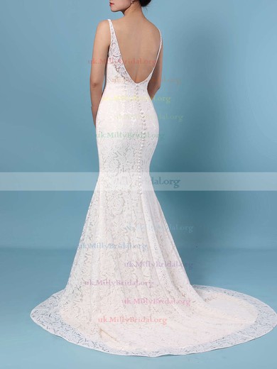 Trumpet/Mermaid V-neck Lace Sweep Train Wedding Dresses #UKM00023398