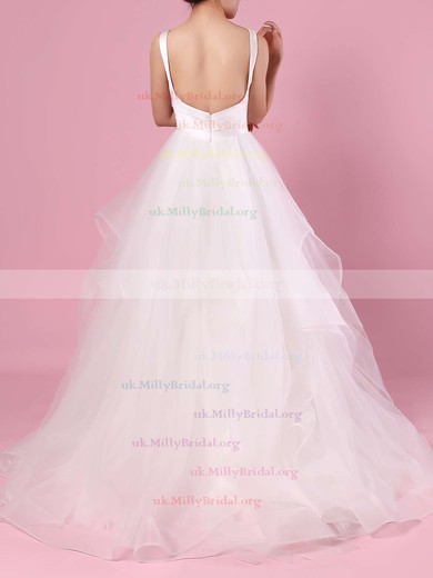 Ball Gown V-neck Organza Tulle Floor-length Cascading Ruffles Wedding Dresses #UKM00023407