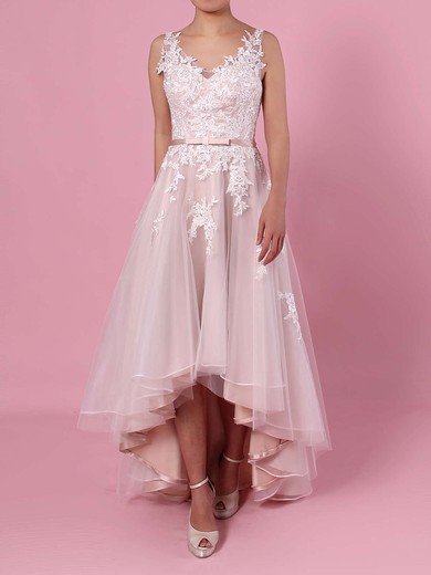 A-line V-neck Tulle Asymmetrical Appliques Lace Wedding Dresses #UKM00023427