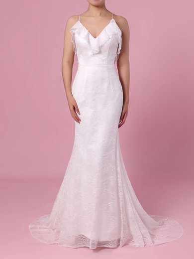 Sheath/Column V-neck Lace Sweep Train Wedding Dresses #UKM00023439