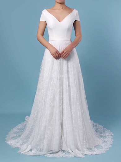 A-line Scoop Neck Lace Sweep Train Sashes / Ribbons Wedding Dresses #UKM00023448