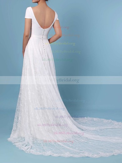 A-line Scoop Neck Lace Sweep Train Sashes / Ribbons Wedding Dresses #UKM00023448