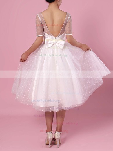 Princess Scoop Neck Tulle Tea-length Bow Wedding Dresses #UKM00023451