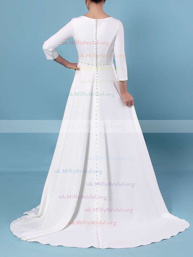 A-line Scoop Neck Satin Sweep Train Sashes / Ribbons Wedding Dresses #UKM00023461