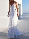 Lace V-neck Trumpet/Mermaid Sweep Train Appliques Lace Wedding Dresses #UKM00023470