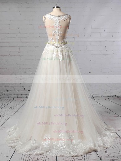 Tulle V-neck Princess Sweep Train Beading Wedding Dresses #UKM00023386