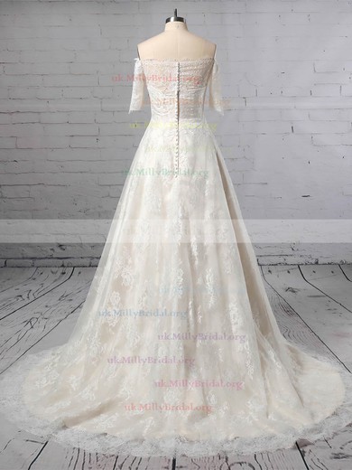 Lace Off-the-shoulder Princess Sweep Train Wedding Dresses #UKM00023397