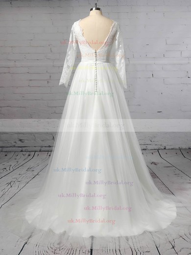 Lace Tulle Scoop Neck A-line Sweep Train Appliques Lace Wedding Dresses #UKM00023402