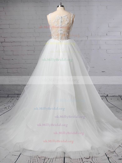 Lace Tulle V-neck Princess Sweep Train Cascading Ruffles Wedding Dresses #UKM00023422