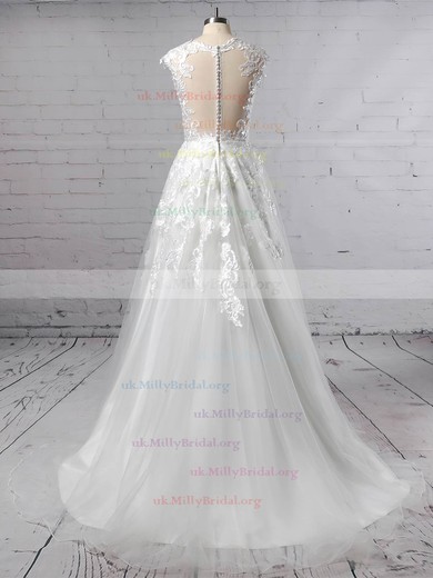 Tulle Scoop Neck A-line Sweep Train Appliques Lace Wedding Dresses #UKM00023431