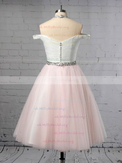 Tulle Halter Ball Gown Tea-length Beading Wedding Dresses #UKM00023450