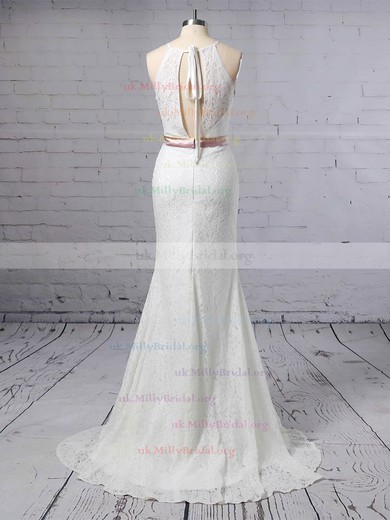 Lace Scoop Neck Trumpet/Mermaid Sweep Train Sashes / Ribbons Wedding Dresses #UKM00023457