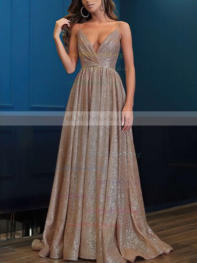Shimmer Crepe V-neck Princess Floor-length Prom Dresses #UKM020106501