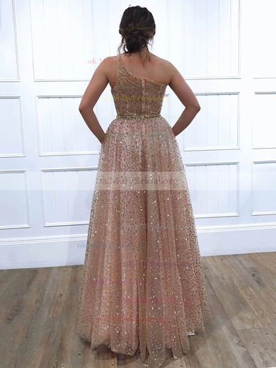 Glitter One Shoulder A-line Floor-length Beading Prom Dresses #UKM020106516