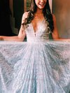 Glitter V-neck Princess Floor-length Beading Prom Dresses #UKM020106533