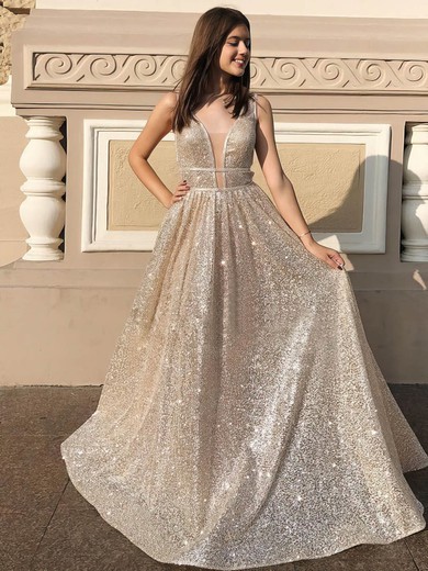 Sequined V-neck Princess Floor-length Prom Dresses #UKM020106548