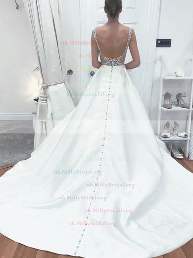 Satin Scoop Neck Princess Sweep Train Beading Wedding Dresses #UKM00023541