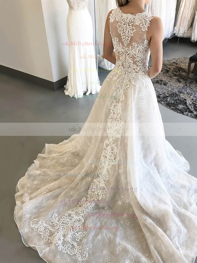 Lace Scoop Neck Ball Gown Sweep Train Appliques Lace Wedding Dresses #UKM00023550