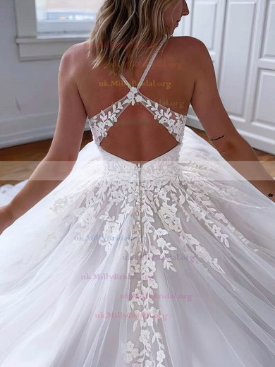 Tulle V-neck Princess Sweep Train Appliques Lace Wedding Dresses #UKM00023560