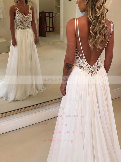 Chiffon Tulle V-neck A-line Sweep Train Appliques Lace Wedding Dresses #UKM00023484