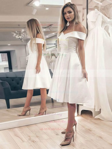 Satin Off-the-shoulder A-line Knee-length Wedding Dresses #UKM00023488