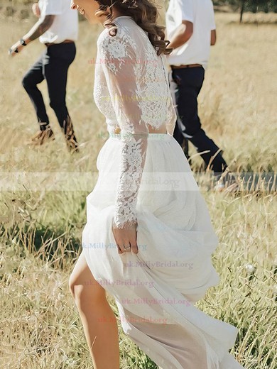 Lace Chiffon Scoop Neck A-line Floor-length Appliques Lace Wedding Dresses #UKM00023503