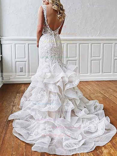 Organza Tulle V-neck Trumpet/Mermaid Sweep Train Appliques Lace Wedding Dresses #UKM00023508