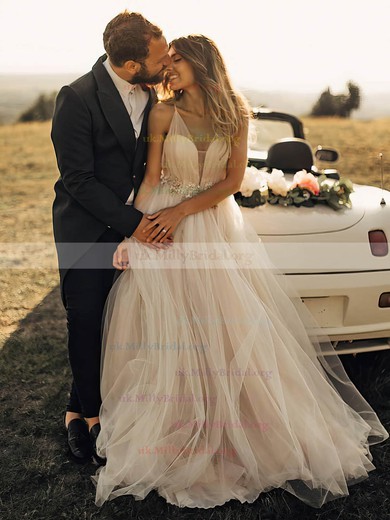 Tulle V-neck Princess Floor-length Sashes / Ribbons Wedding Dresses #UKM00023509