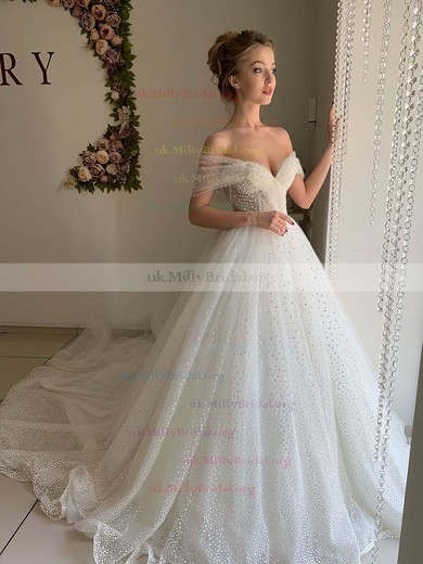Tulle Off-the-shoulder Ball Gown Sweep Train Ruffles Wedding Dresses #UKM00023513