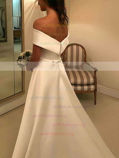 Satin Off-the-shoulder Princess Sweep Train Sashes / Ribbons Wedding Dresses #UKM00023517