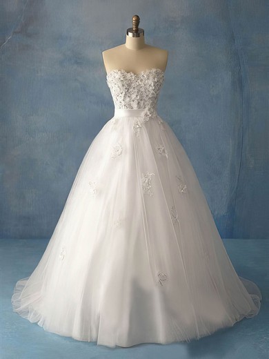 White Simple Ball Gown Tulle Appliques Lace Sweetheart Wedding Dresses #00018897